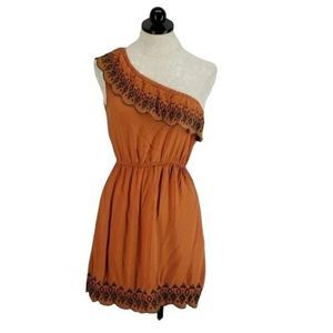 Edge Burnt Orange One Shoulder Aztec‎ Design Dress